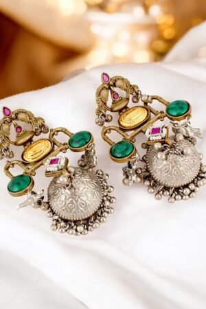 Silver-Plated Artificial Stones Studed Contemporary Shaped Jhumkas