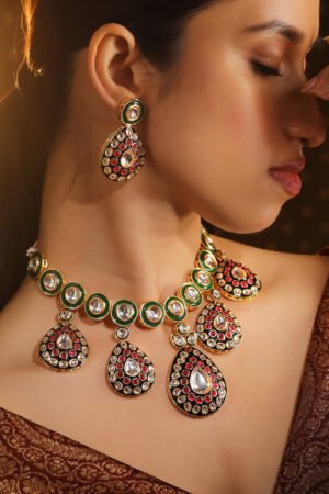 24K Gold-Plated Green & Black Enamel Border Ruby Pink & White Kundan Necklace Set