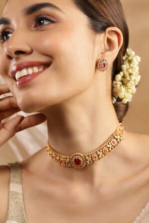 Gold Plated Ruby,Emerald & White Cubic Zirconia Stone Floral Choker Jewelry Set
