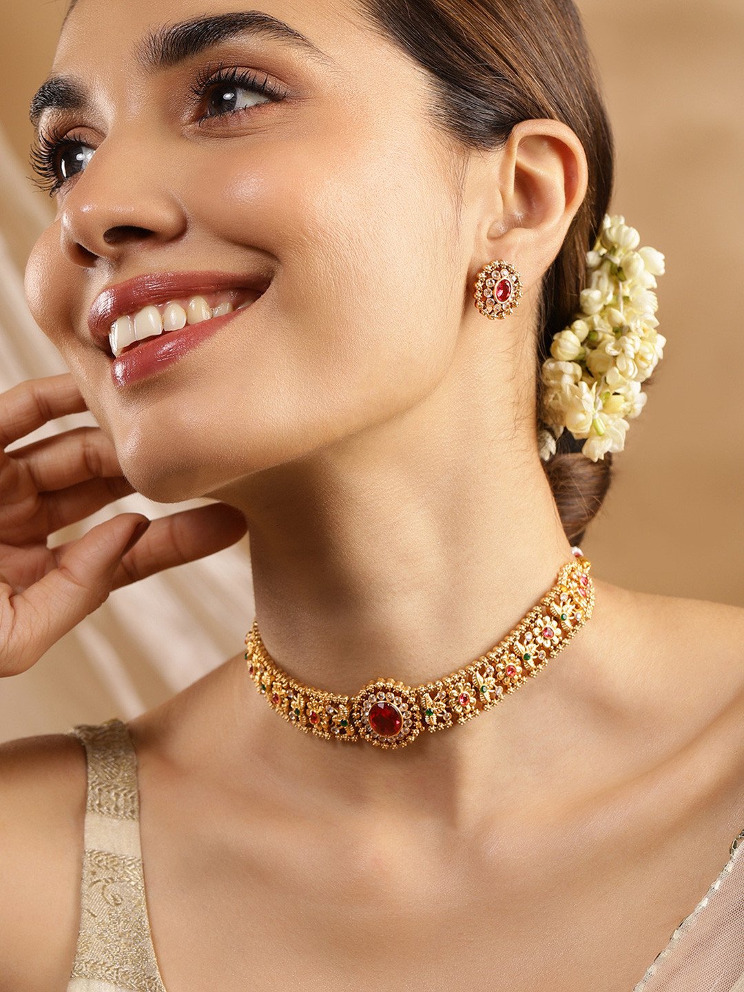 Gold Plated Ruby,Emerald & White Cubic Zirconia Stone Floral Choker Jewelry Set