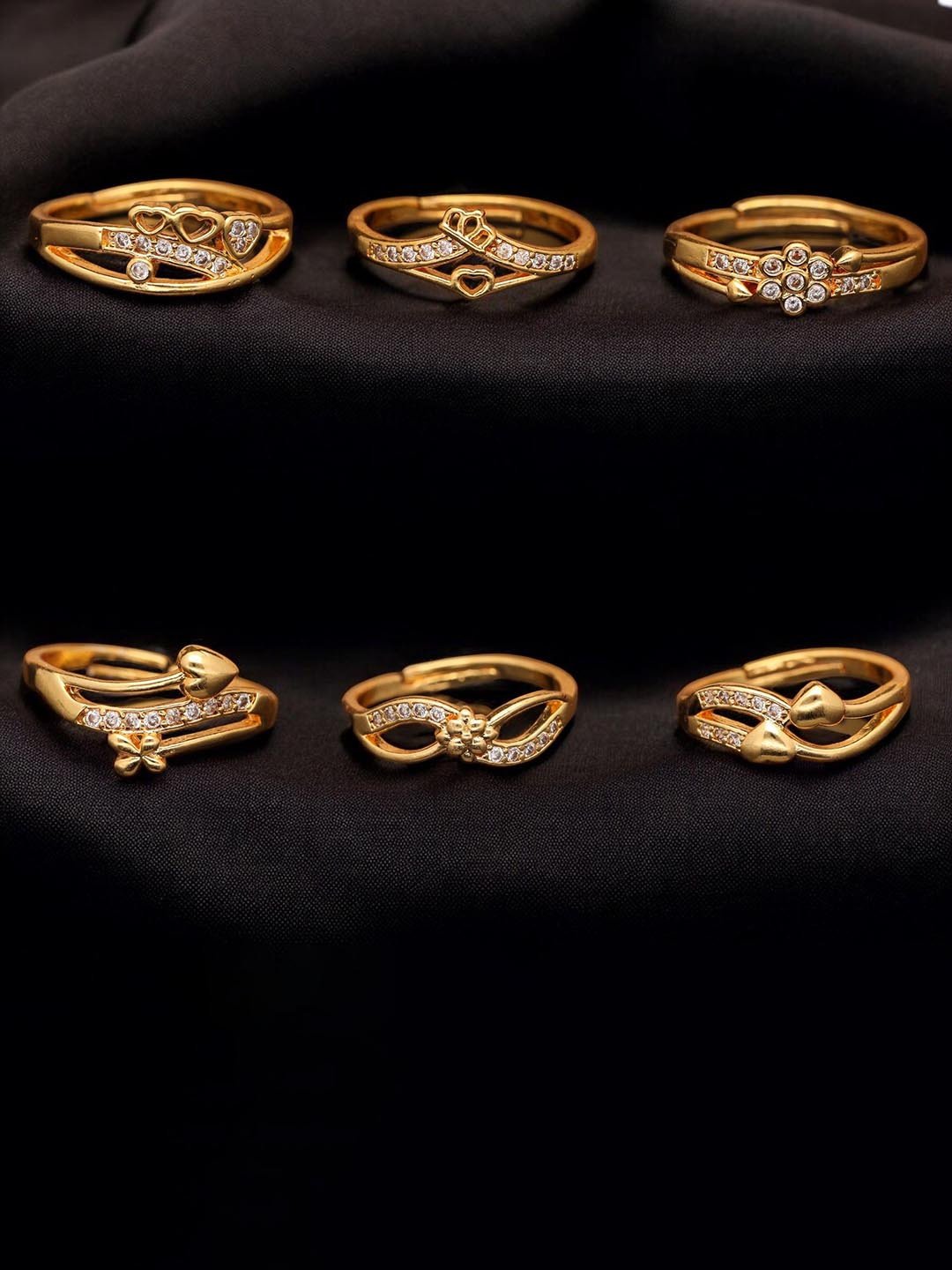 Set Of 6 Gold-Plated American Diamond-Studded Adjustable Finge