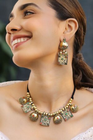 Oxidised Antique Gold-Plated Tribal Necklace Set with Dome Accent & Red-Green Stone